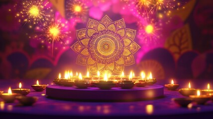 Obraz premium Banner design for diwali festival and podium,Diwali light decoration candle with fireworks,Stage,Product display Showcase design sparkle background,Deepavali,Dipavali,3D podium illustration.