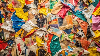 A symphony of colors and textures, a visual feast of layered paper fragments, revealing a captivating abstract collage.