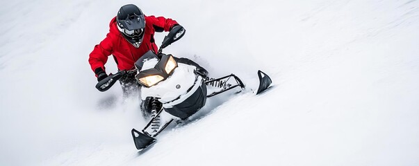 Snowmobiler racing through deep snow, intense spray, capturing winter speed and adrenaline
