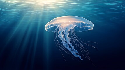 Fototapeta premium A translucent jellyfish with long tentacles floats in the ocean with sunlight shining down from above.