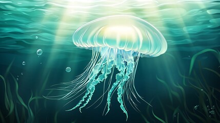 Obraz premium A translucent jellyfish with long tentacles floats in a deep blue ocean with light shining through the surface.