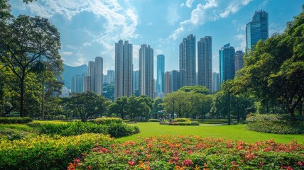 A vibrant city park with colorful flowers and surrounding skyscrapers under a bright blue sky.