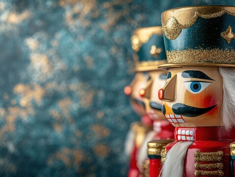 Colorful nutcracker figurines against a shimmering blue background.