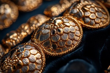 Close-up of ornate golden buttons on a dark blue fabric background.