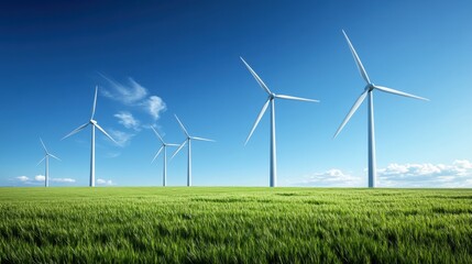 Fototapeta premium Wind turbines in an open field with clear skies turning gracefully in a sustainable energy landscape with bright green grass