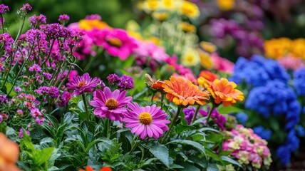 Obraz premium A vibrant display of colorful flowers showcasing rich hues and natural beauty in a flourishing garden setting.