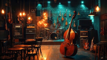 A vibrant music studio featuring a double bass, guitars, and lighting that creates a cozy yet energetic atmosphere.