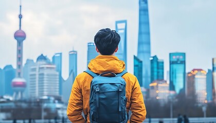 Obraz premium A lone traveler contemplates the urban jungle of Shanghai