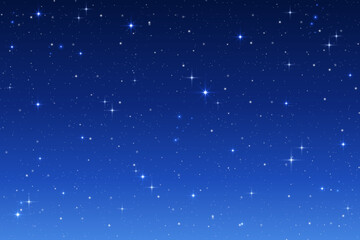 Blue starry night sky background. Dark vector space. Magic gradient galaxy with twinkles and constellations. Cosmic backdrop.