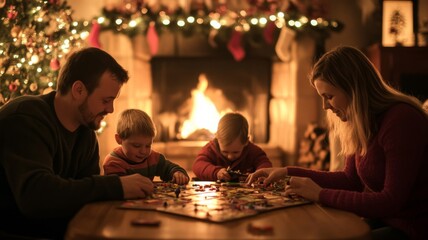 Family playing board game in front of fireplace during Christmas