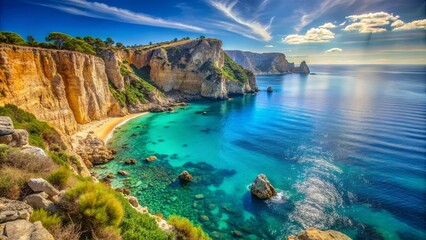 Golden cliffs guarding a turquoise bay, sun-drenched shores whisper stories of hidden coves