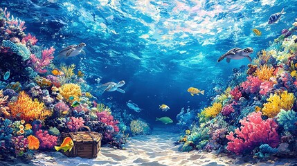 Obraz premium A Treasure Chest Hidden Among Vibrant Coral Reef and Sea Turtles