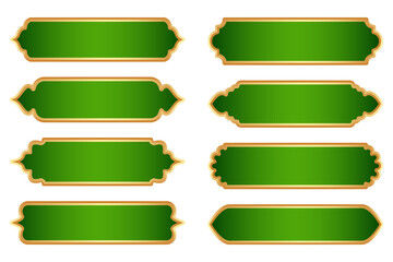 Ramadan Islamic frames with golden border. Indian ribbon shape for oriental sale banner. Tag vector element with traditional Muslim ornament for vintage headline and text box