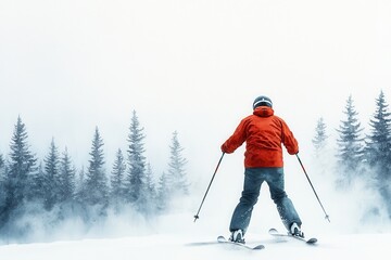 A skier in a bright red jacket enjoys the snowy landscape, surrounded by tall evergreen trees in a winter wonderland