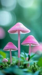 Pink mushrooms in vibrant forest setting, close-up view. Nature and color concept