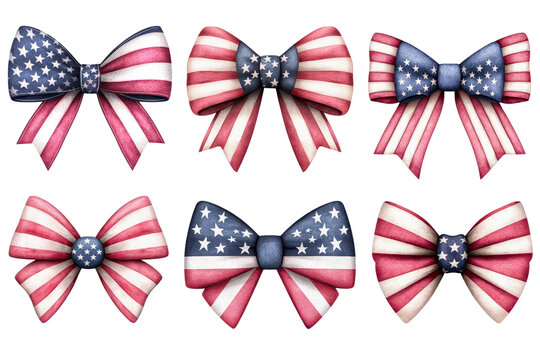Watercolor USA flag bow collection with American patriotic design in a bundle on a transparent background clipart