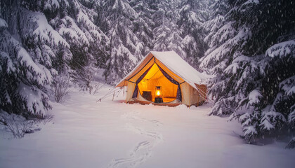 A cozy tent illuminated in a snowy forest, inviting warmth amidst the cold winter landscape.