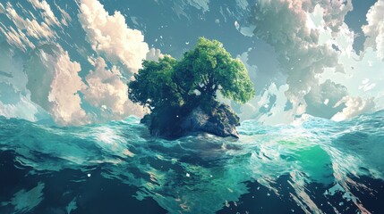 Obraz premium A Solitary Tree Grows on a Rocky Outcropping in a Rough Sea