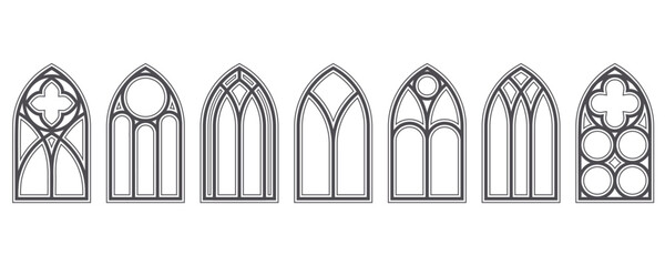 Gothic church windows. Cathedral stained glass arches. Vector frame with pattern. Elements of catholic medieval architecture. Old vintage frames silhouettes on white background