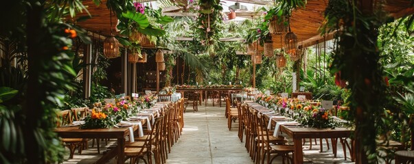 An environmentally friendly wedding venue with decorations made from recycled and natural materials, offering plant-based catering options