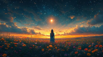 A lone woman stands in a field of wildflowers under a starlit sky.