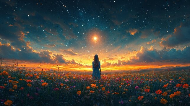 A lone woman stands in a field of wildflowers under a starlit sky.