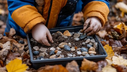 A young child's hands play in the dirt and rocks of a small planter.