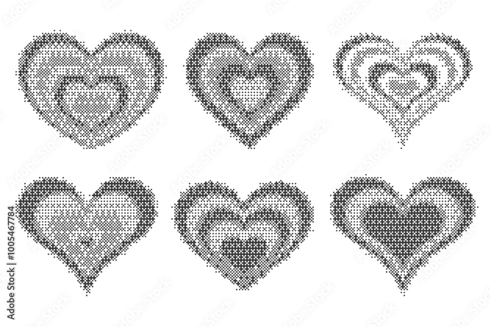 Poster pixel pattern hearts. bitmap dotted texture symbols of love. vector retro design elements with color