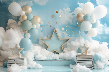 First birthday celebration, Christmas,  photography background with balloons, stars and fluffy clouds on blue wall.