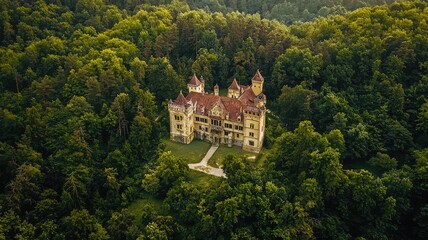 Fototapeta premium Aerial view of a majestic castle surrounded by lush green forest, showcasing an enchanting blend of nature and architecture.