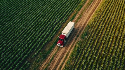 Obraz premium Aerial view of a red truck driving through lush green fields, showcasing agricultural transport and rural beauty.