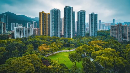 Obraz premium Aerial view of a vibrant cityscape, blending modern skyscrapers with lush green parks and stunning natural surroundings.