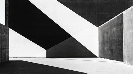 Bold contrasting black and white geometric shapes create a sleek minimalist design. Sharp lines and shadows add depth to the image