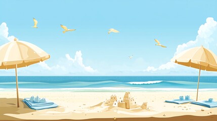 Naklejka premium A sunny beach scene with two umbrellas, beach towels, and a sandcastle.