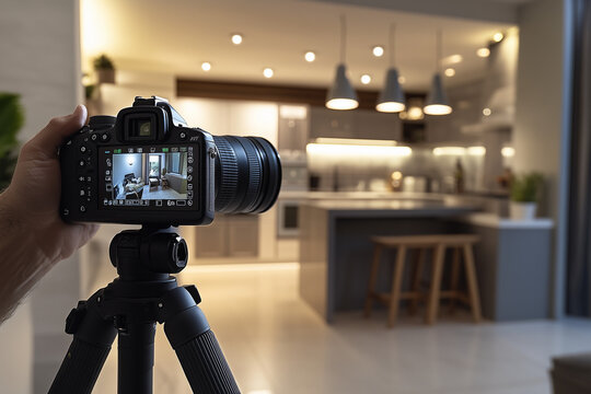Camera viewfinder showing an interior photography shot of a modern kitchen, highlighting the process of professional real estate and home staging photography
