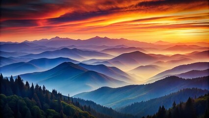 Obraz premium Mountain Mist and Sunset Glow Over Rolling Hills