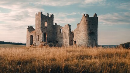 An ancient ruin stands amid golden fields, capturing the essence of history and nature's beauty in a tranquil landscape.