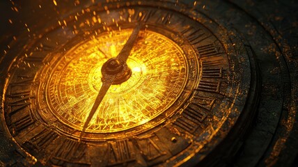 Obraz premium An artistic close-up of a glowing vintage compass, surrounded by sparks and a mystical atmosphere, symbolizing navigation and adventure.