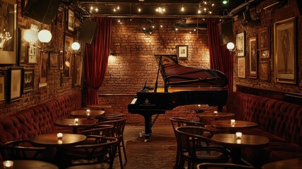 An elegant piano lounge with warm lighting, rich textures, and intimate seating, perfect for live music and social gatherings.