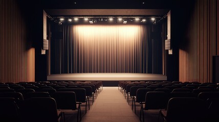 An empty theater stage illuminated by warm lights, featuring a closed curtain, creating a calm and inviting atmosphere.