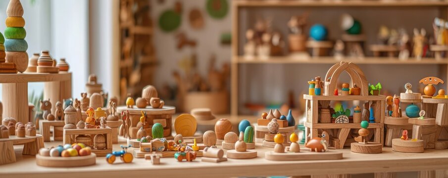 An environmentally friendly toy shop that sells handcrafted toys made from sustainable wood and natural dyes, with minimal packaging