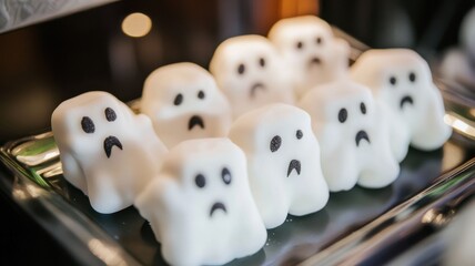 Cute ghost-shaped marshmallows on a tray for Halloween treats.