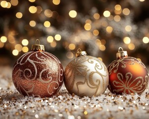 Decorative Christmas ornaments on a snowy background with festive lights.