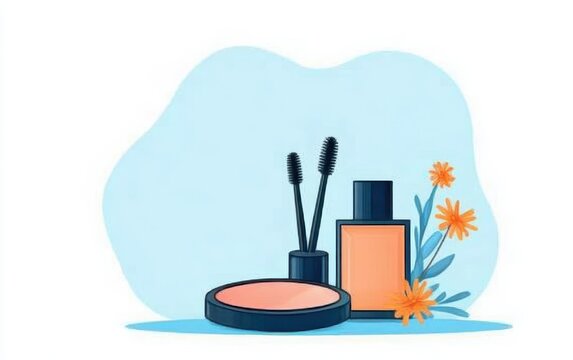 makeup products with flowers on blue background clip art preview
