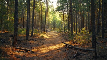 Obraz premium A sunlit path through a dense pine forest, with golden light illuminating the way.