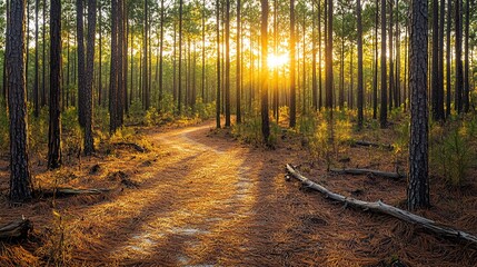 Fototapeta premium A sun-drenched path winds through a lush pine forest, casting long shadows on the ground.