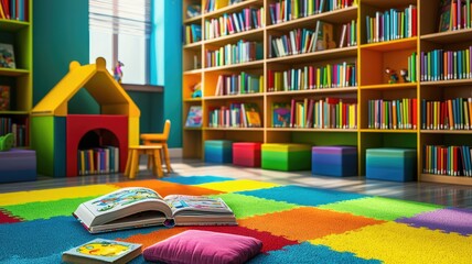 Bright and colorful children's library with books, a play area, and a cozy reading carpet, perfect for young readers and learning.