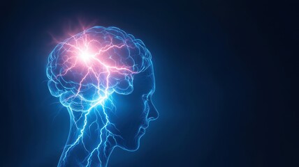 Vivid Lightning Bolt over Human Brain Illustration