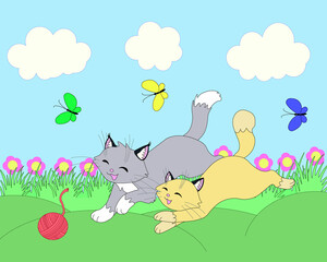 Fototapeta premium beige and gray cats happily run with each other after a red ball across a meadow with flowers