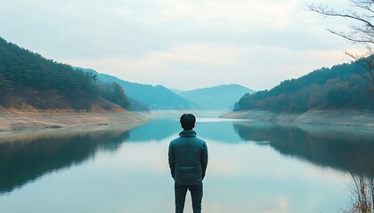 Fototapeta premium Man Contemplating a Tranquil Lake Landscape